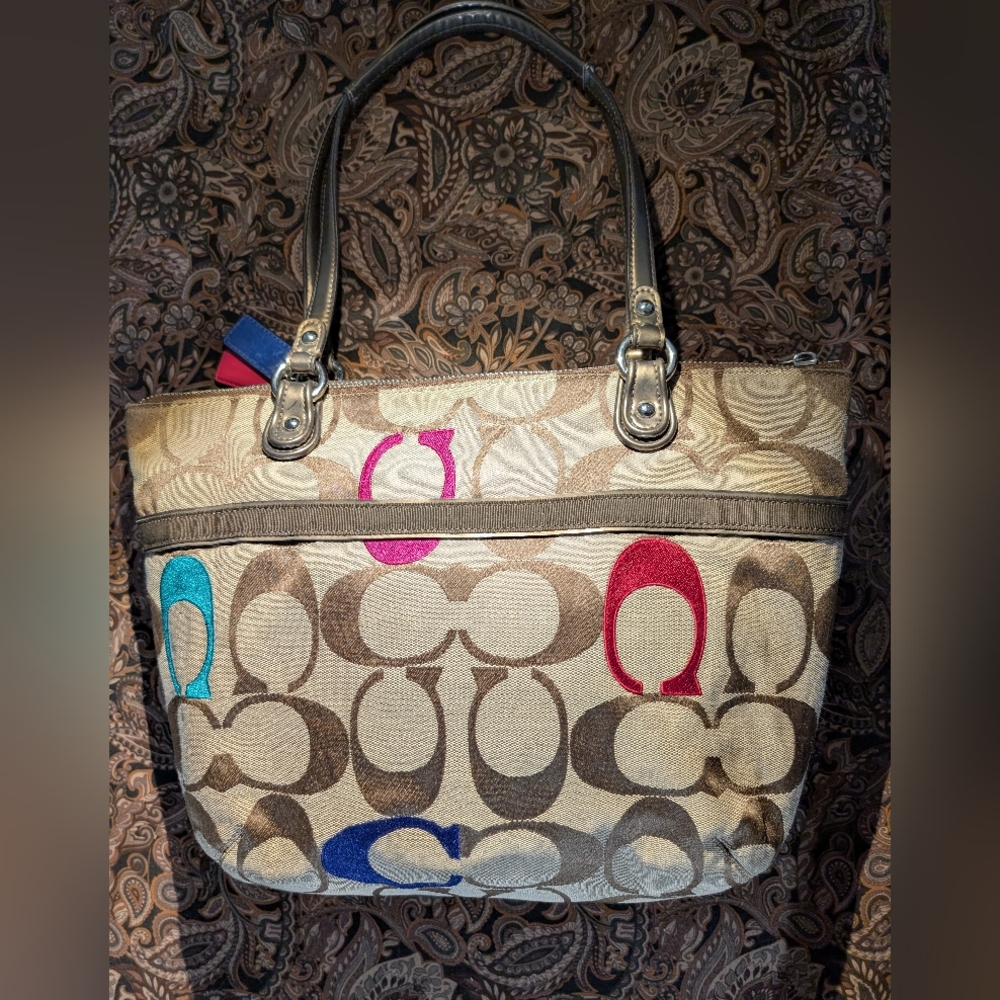 Coach Signature Canvas Tote Bag - Multicolor In Excellent Condition - Picture 3 of 13